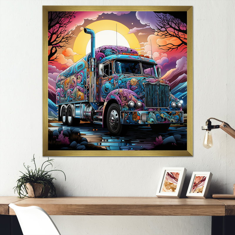 «Fantasy Truck Adventure» sur toile, Cadre doré simple, H 16 po x l 16 po x P 1 po