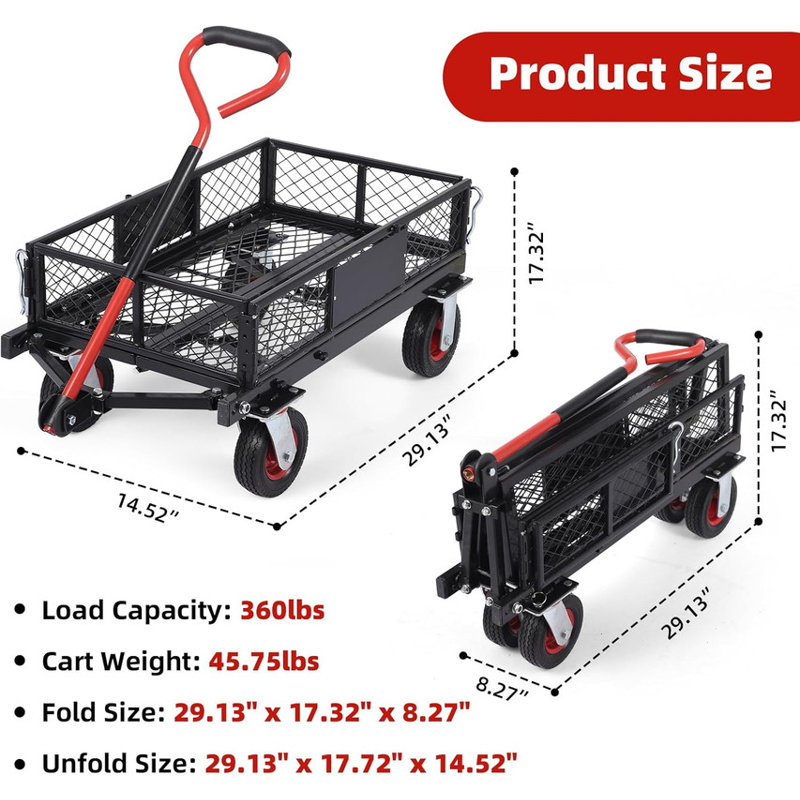Chariot de jardin pliable en acier d'une capacité de 360 lb avec côtés en filet amovibles
