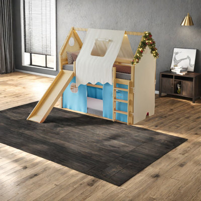 Chic Twin Loft Bed, Solid Wood With Slide And Play Tent For Kids' Bedrooms