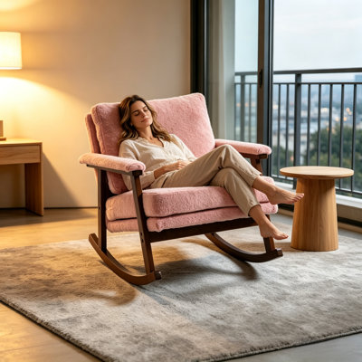 Pink Teddy Fabric Rocking Chair, Medieval Modern Style, Wooden Frame, Soft Cushioned Chair And Armrest, Suitable For Comfortable Leisure In Living Room And Bedroom
