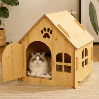 Maison pour animaux en bois en forme de maison avec porte verrouillable, abri pour chien toutes saisons avec tapis moelleux gratuit, fenêtre respirante et cage pour animaux
