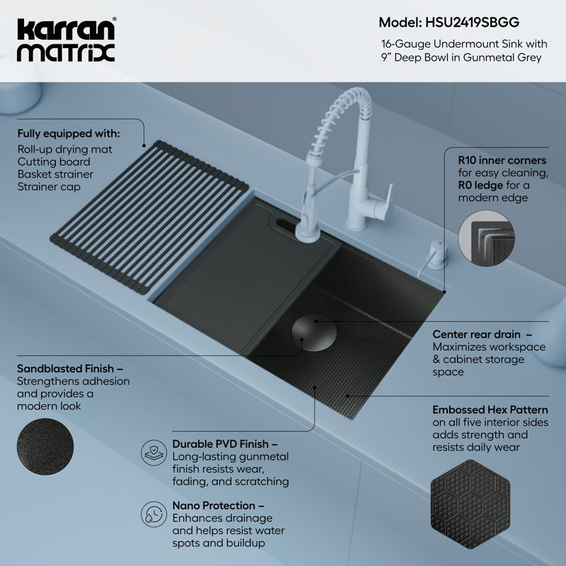 Karran Matrix 24" Undermount Workstation 16 Gauge Single Bowl Stainless Steel Kitchen Sink in Gunmetal Grey with Accessories