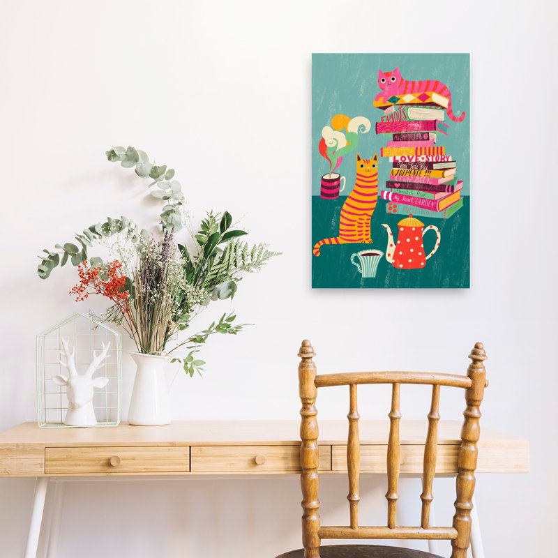 Whimsical Cats And Books Colorful Vibrant Whimsical Cat Wall Art Print 1 Piece Wrapped Canvas Wall Art, 60.96cm H x 40.64cm W