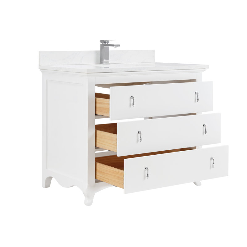 42" Solid Wood Bathroom Vanity with 1" Engineered Marble Top, Single Sink, White