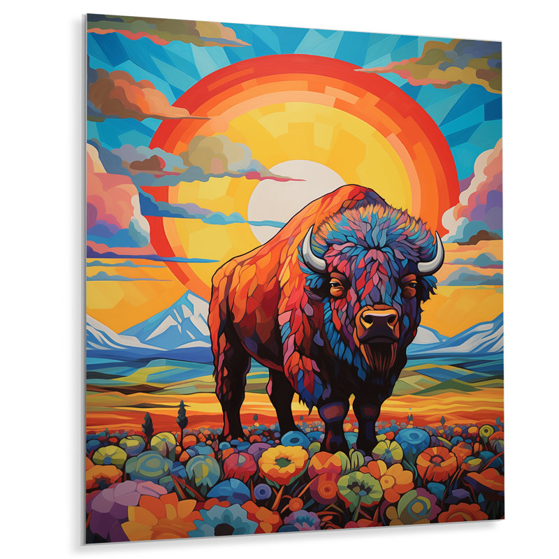 «Bison in Floral Mountain Landscape At Sunset II - Buffalo / Bison Animal», reproduction d'art murale, Métal métal