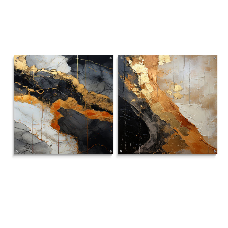 Minimalisme chrome or et orange poteries - ensemble de 2 peintures murales abstraites en acrylique, H 16 po x l 33 po