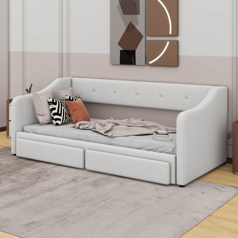 Twin XL To King Size Upholstered Daybed With Two Drawers, Beige