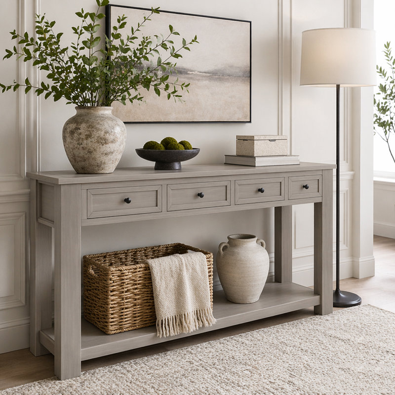 Console 63 pouces avec quatre tiroirs et tablette inférieure, Gris délavé