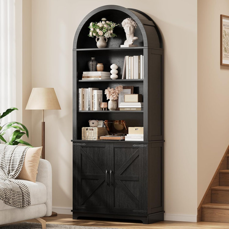 70'' Arched Bookcase With Doors,  6-Tier Farmhouse Bookshelf, Black