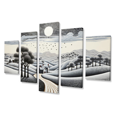 Monochrome Road By The Country I - Modern Canvas Wall Art - 5 Panels