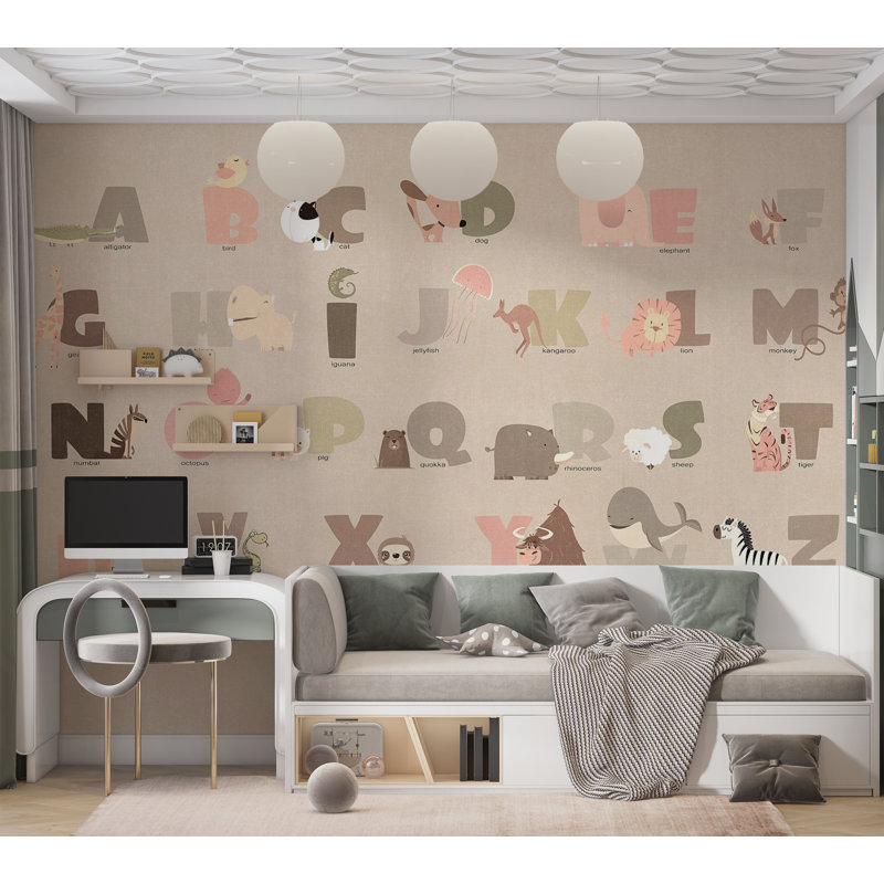 Kids Wallpaper Wall Mural - Beige Alphabet, 39" W x 27" L