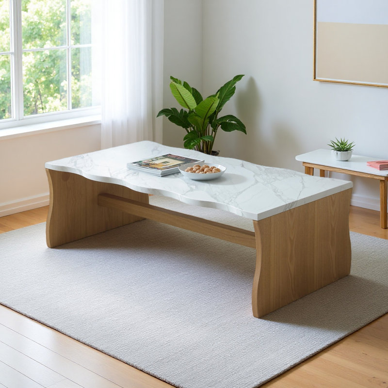 Table basse moderne 47,24 po Whisper Of Waves, plateau de table en faux marbre avec base en placage de bois massif, table d'appoint de forme organique