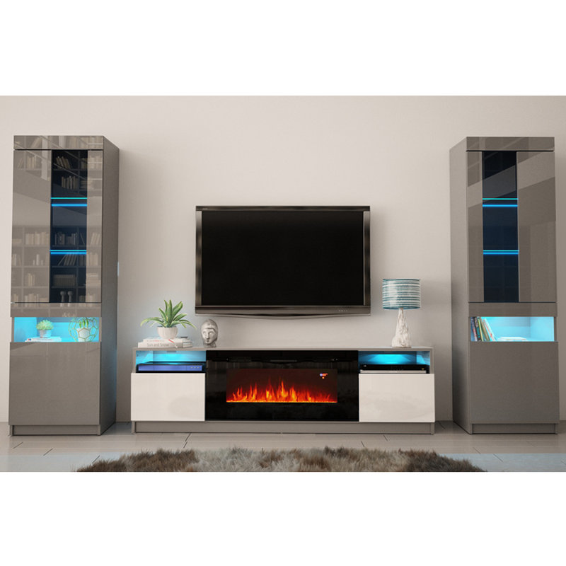 Delaine 126" Modern Entertainment Center with Electric Fireplace, High Gloss Finish, Media Storage, Gray/White/Black