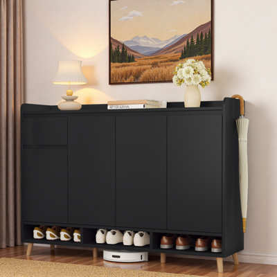 Contemporary Shoe Cabinet With Adjustable Shelves, Open Compartments And Drawer