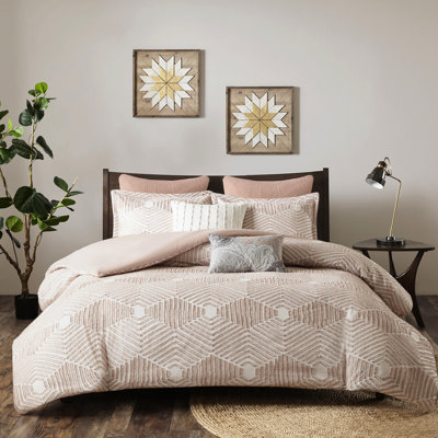 Housse de couette pour lit double / grand en coton rosé, géométrique, 2 taies décoratives pour grand lit, motif géométrique
