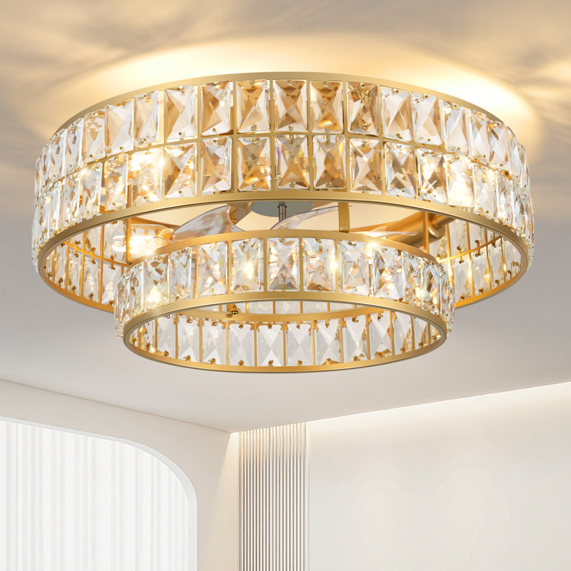 Ventilateur de plafond à cage en cristal 20 po à double couche avec ensemble de lumières, finition dorée, 7 pales, télécommande, moteur à courant continu réversible pour la salle à manger de la chambre à coucher
