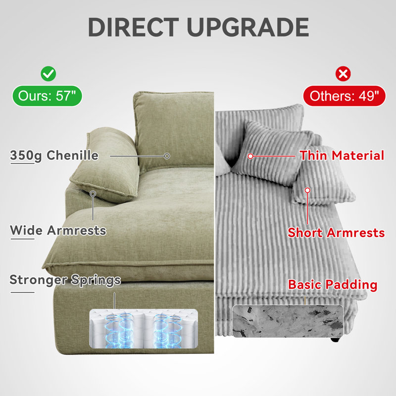 56.7" D Chenille Upholstered Boneless Chaise Lounge Chair, No Assembly, Vert