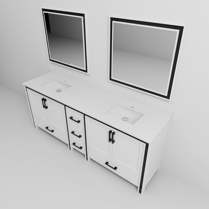Meuble-lavabo double blanc P 22 po, comptoir en quartz blanc et miroirs 30 po, Blanc, H 35,13 po x l 21,38 po x P 85 po