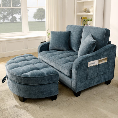 Canapé 2 places avec accoudoirs et dossiers irréguliers, repose-pieds de rangement et 2 coussins décoratifs - idéal pour le salon et la chambre à coucher