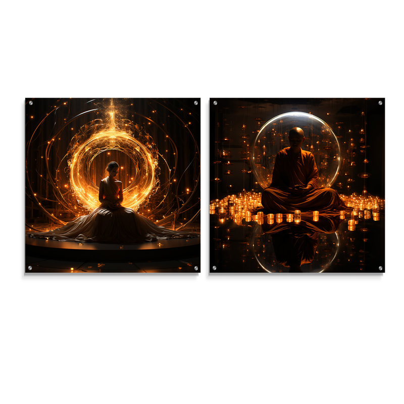 «Enlightenment Glow - Bouddhisme», ensemble de 2 peintures murales en acrylique, H 36 po x l 73 po