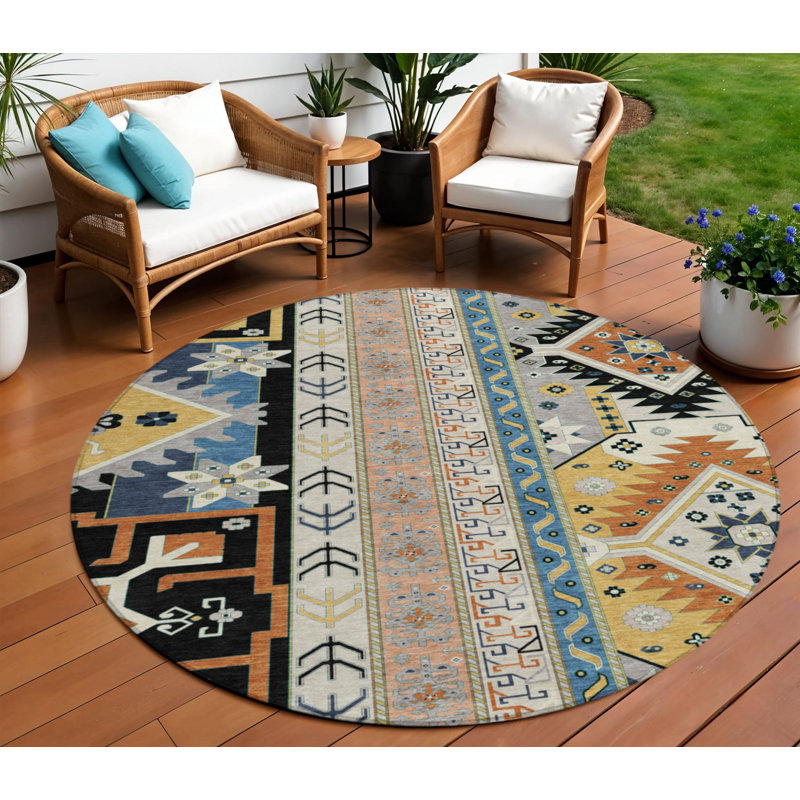 Tapis rond noir 8 po Aztec