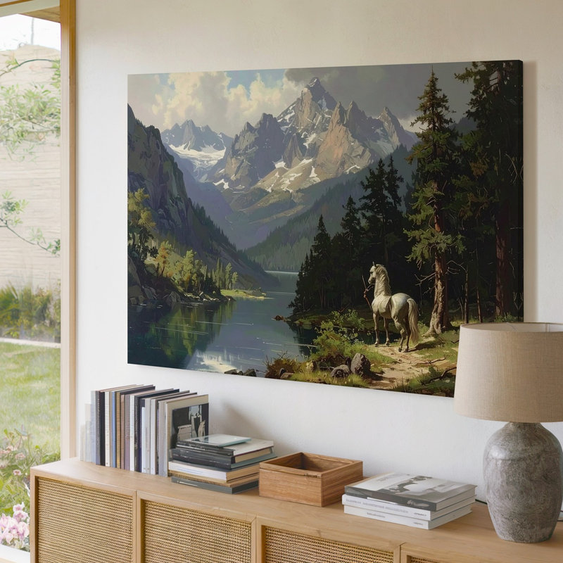 Art mural mural serein centaure paysage montagneux avec lac tranquille, H 18 po x l 24 po