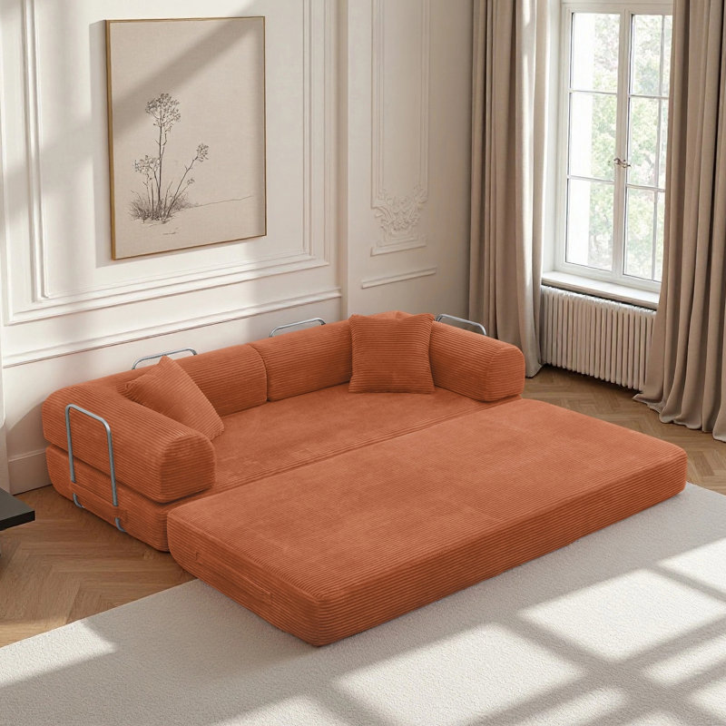 Canapé-lit convertible orange 77,91 po avec oreiller cylindrique - Canapé-lit pliant en velours côtelé avec structure fixe