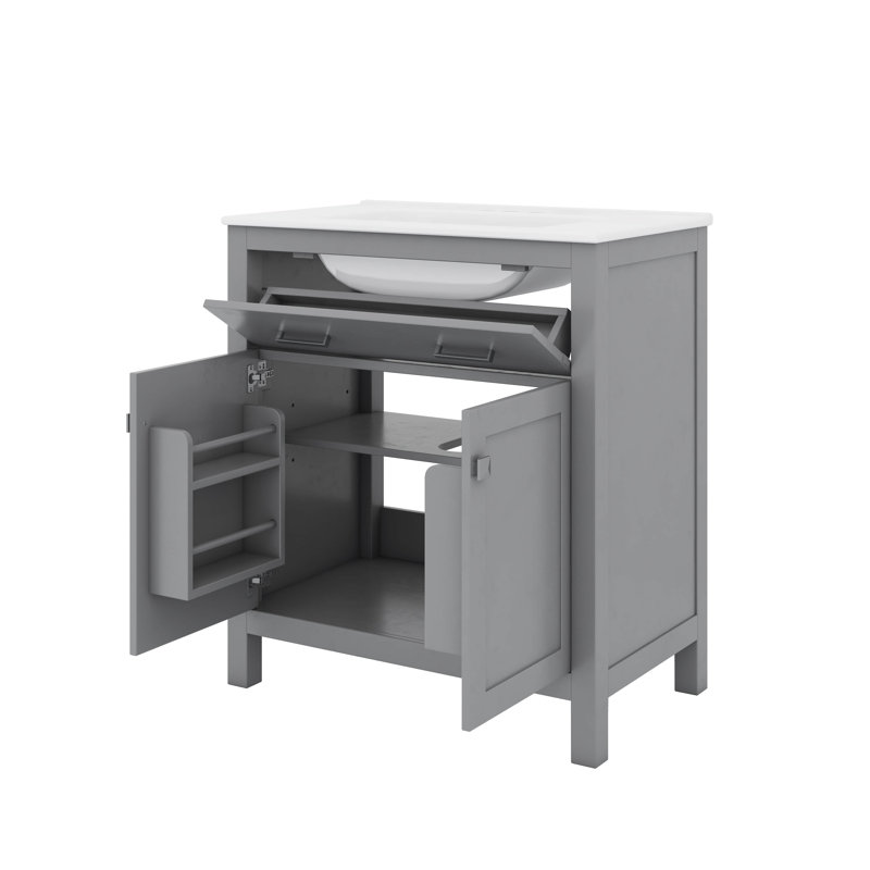 Meuble-lavabo de 30 po avec lavabo intégré et tiroir inclinable, Gris, Nickel brossé