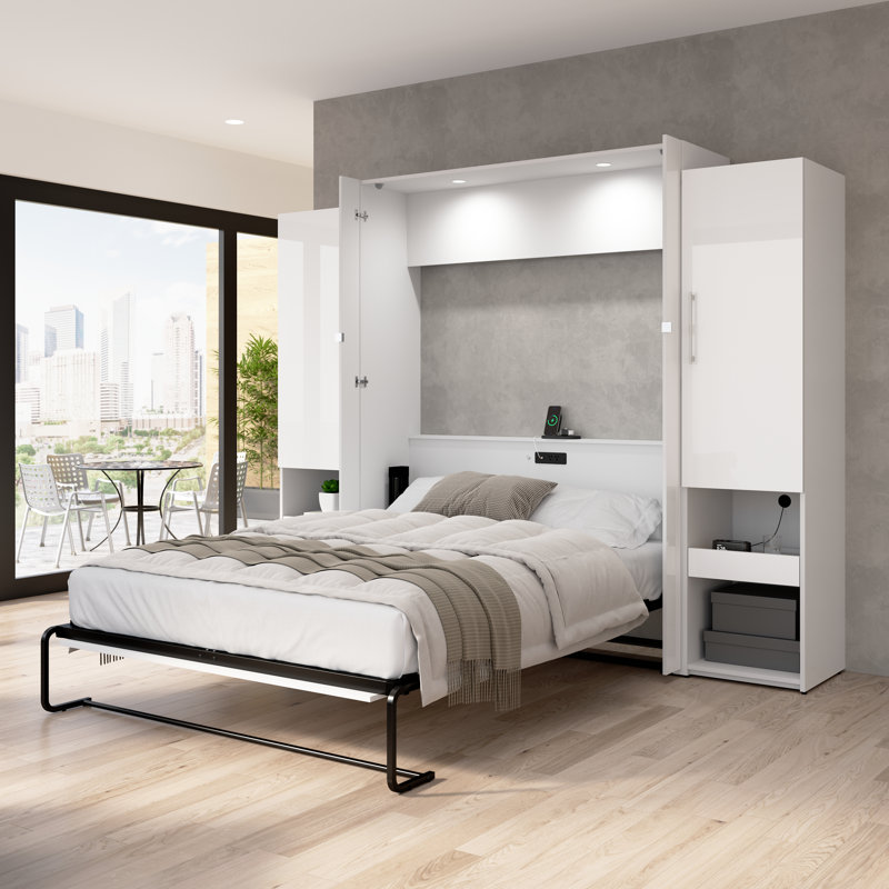 Maile High-Gloss Scratch-Resistant Murphy Bed and Storage Cabinets with Door and Pull-Out Shelf, Queen