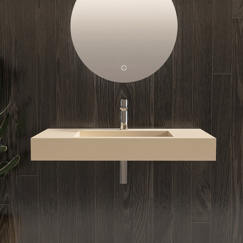  Lavabo-vasque mural 35 po en pierre, surface solide avec trou pour robinet, Café au lait, Oui