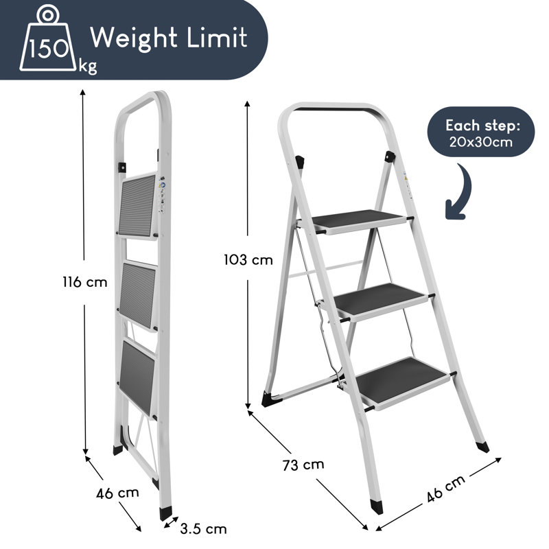 3.45 ft Steel 3 Step Ladder, Heavy Duty Steel, Folding, Portable With Anti-Slip Mat, White