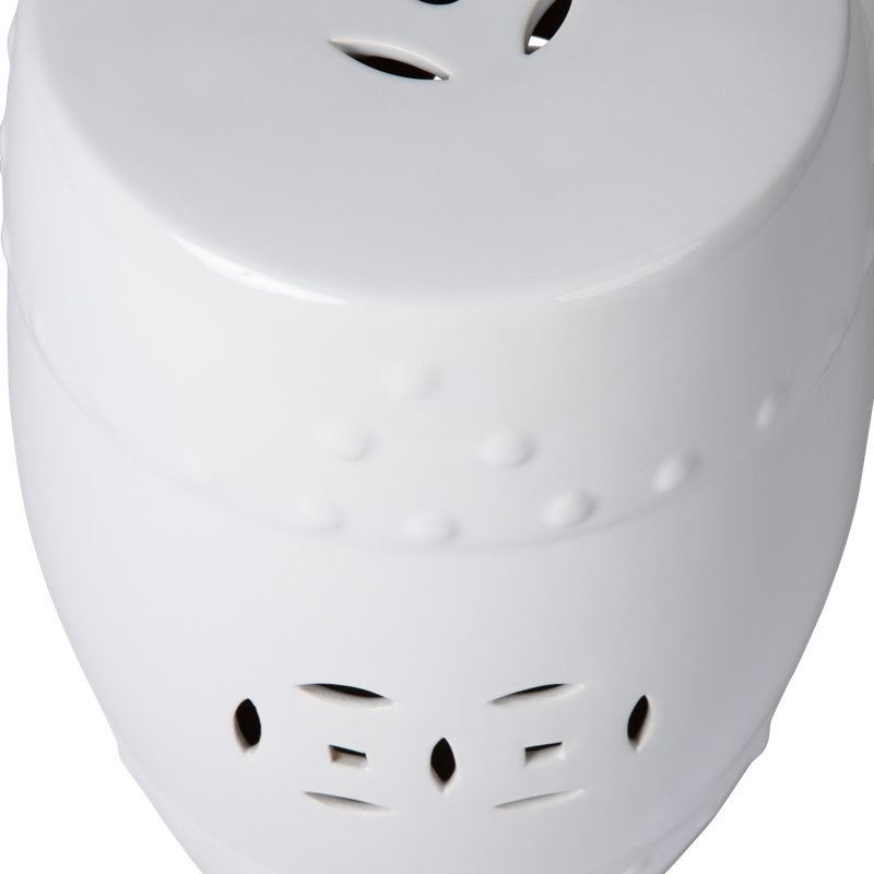 Optic White Ceramic Garden Stool with Double Medallion Design
