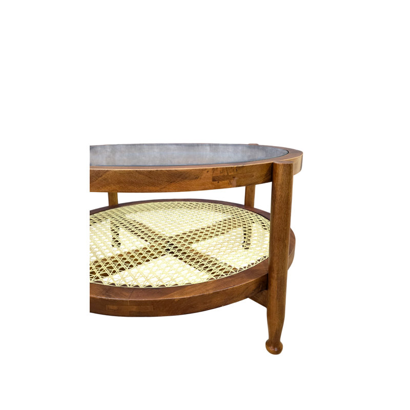 Elegant Brown 33" Round Coffee Table with Glass Top and Handwoven Cane Shelf