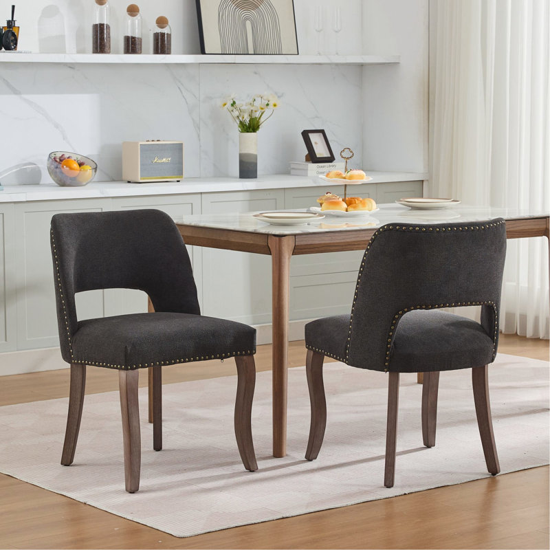 Chaises de salle à manger noires, tissu moderne recouvert de 2, conception évidée, courbé avec des clous en cuivre faits à la main, respirant et usé, système à double rebond, pieds en bois d'hévéa massif pour les salles d'art 2 américaines