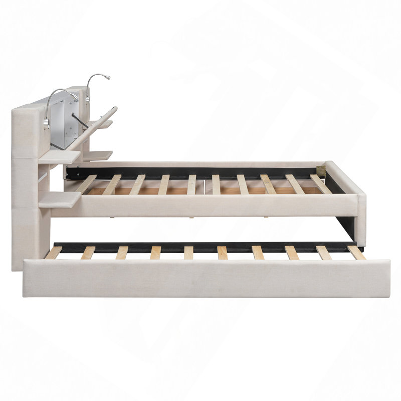 Queen Upholstered Platform Bed with Reading Lights, Drawers, Trundle and Shelves, Beige, Beige