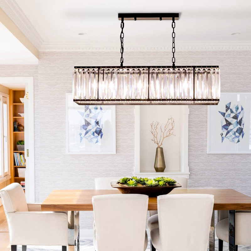 6-Light Matte Black Crystal Linear Chandelier/Dimmable Kitchen Island Pendant