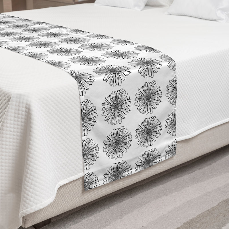 Ambesonne Floral Bed Runner Detailed Aster Flowers Charcoal Grey and White, King