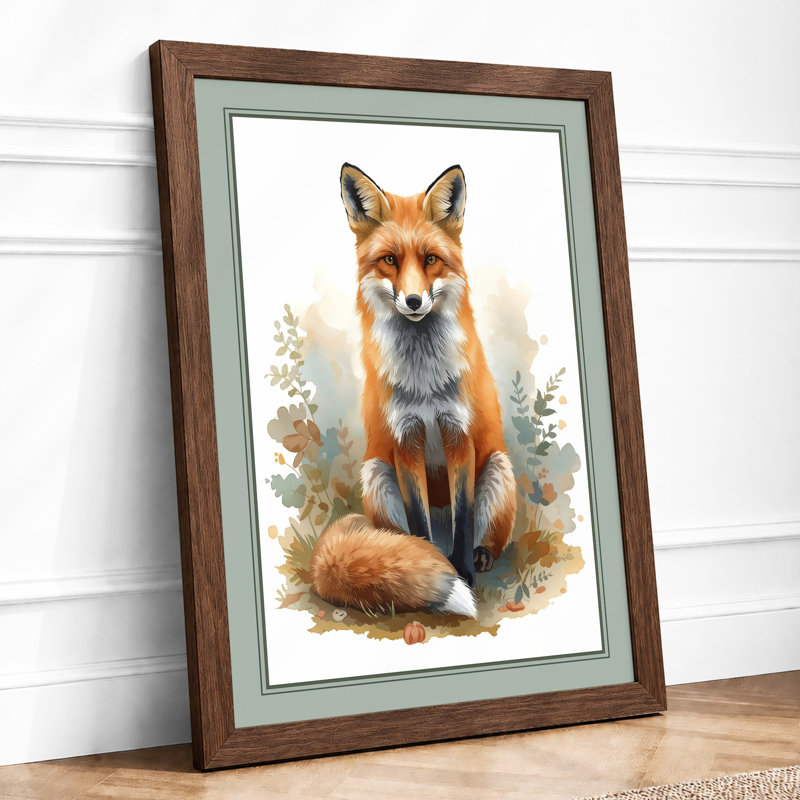Alert Fox in Woodland Boho - Framed Print, A2 - 59.4 x 42.0 cm, Walnut