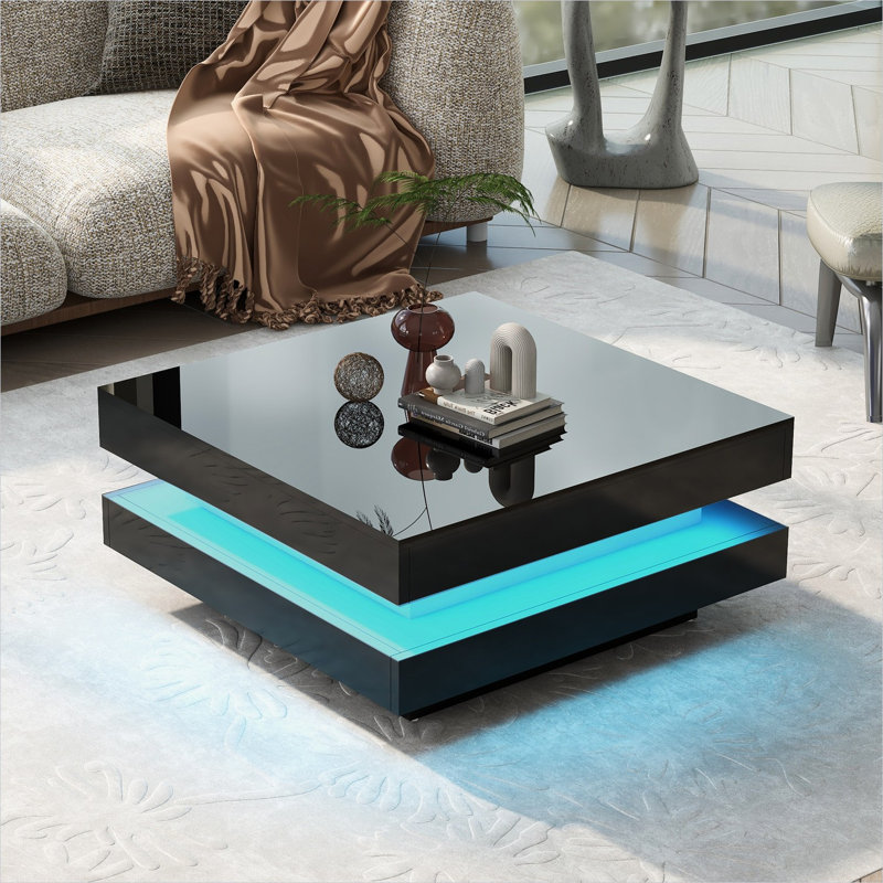 Table basse carrée avec accents à DEL, finition noire lustrée, conception compacte de 31,5 pouces