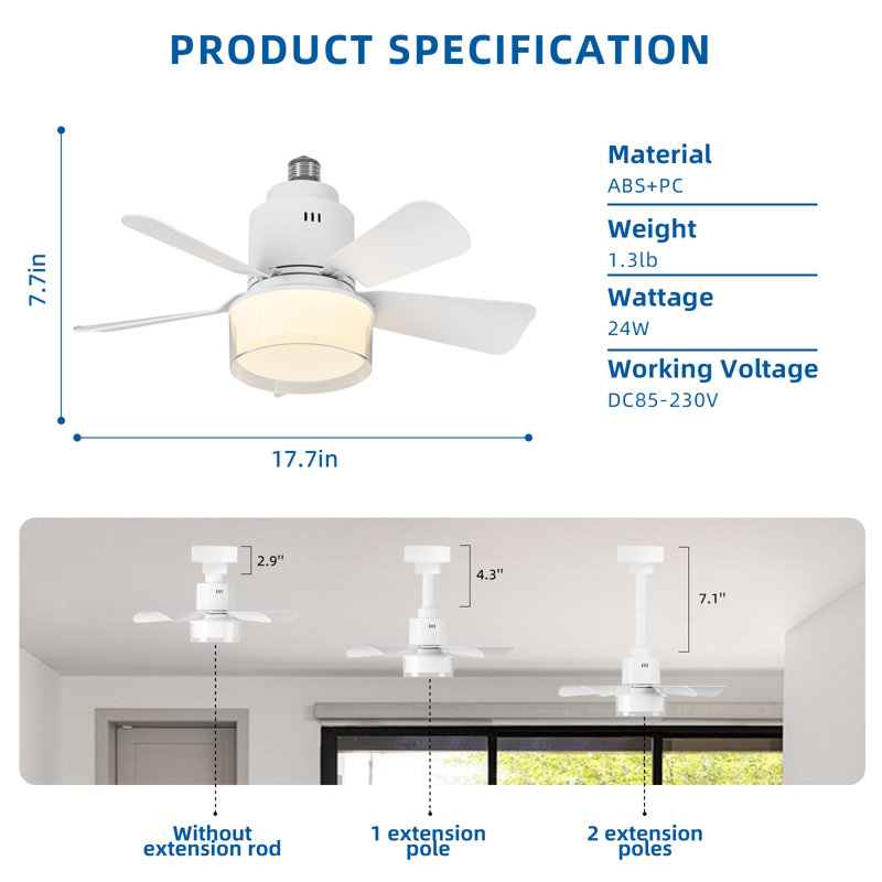 Ventilateur de douille avec télécommande, petit ventilateur de plafond avec lumières, ventilateur d'ampoule à intensité variable 1000LM avec sélection 3000K-6000K, ventilateurs à douille à 4 vitesses, ventilateurs à vis E26 pour chambre à coucher, cuisine, 17,7 po