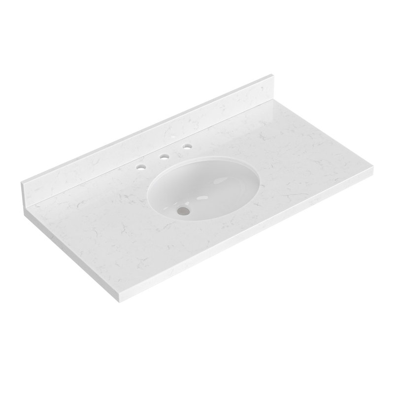 Comptoir de meuble-lavabo en quartz blanc Carrara de 42 po Ariel avec rebord à onglet de 1,5 po d'épaisseur avec lavabo simple ovale décalé à gauche et dosseret inclus
