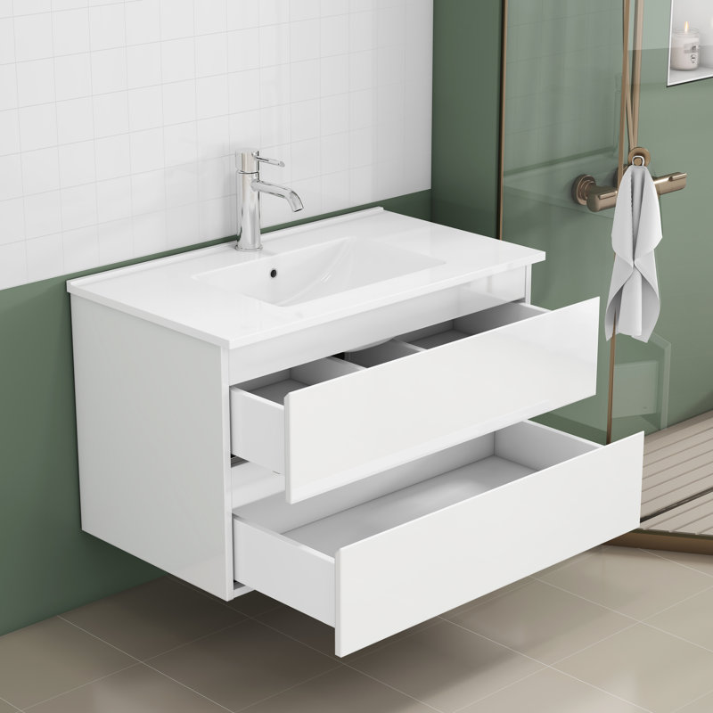 Lavabo de salle de bain 31,5 po, 2 tiroirs spacieux, fermeture douce, poignée, blanc brillant, système de bruit