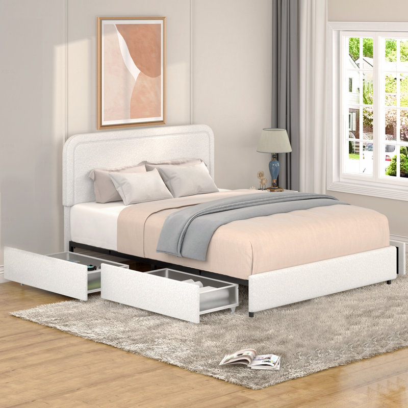 Grand lit plateforme tapissier Boucle avec rangement breveté à 4 tiroirs, tête de lit capitonnée à coutures courbées, support de matelas à lattes en bois, aucun sommier requis