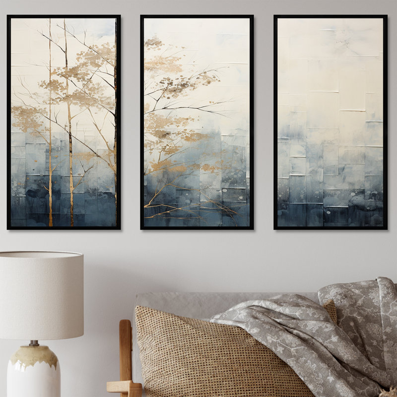 Minimalisme bleu et blanc forêt - ensemble de salon d'art mural forêt, Cadre flottant noir, H 40 po x l 60 po x P 1 po