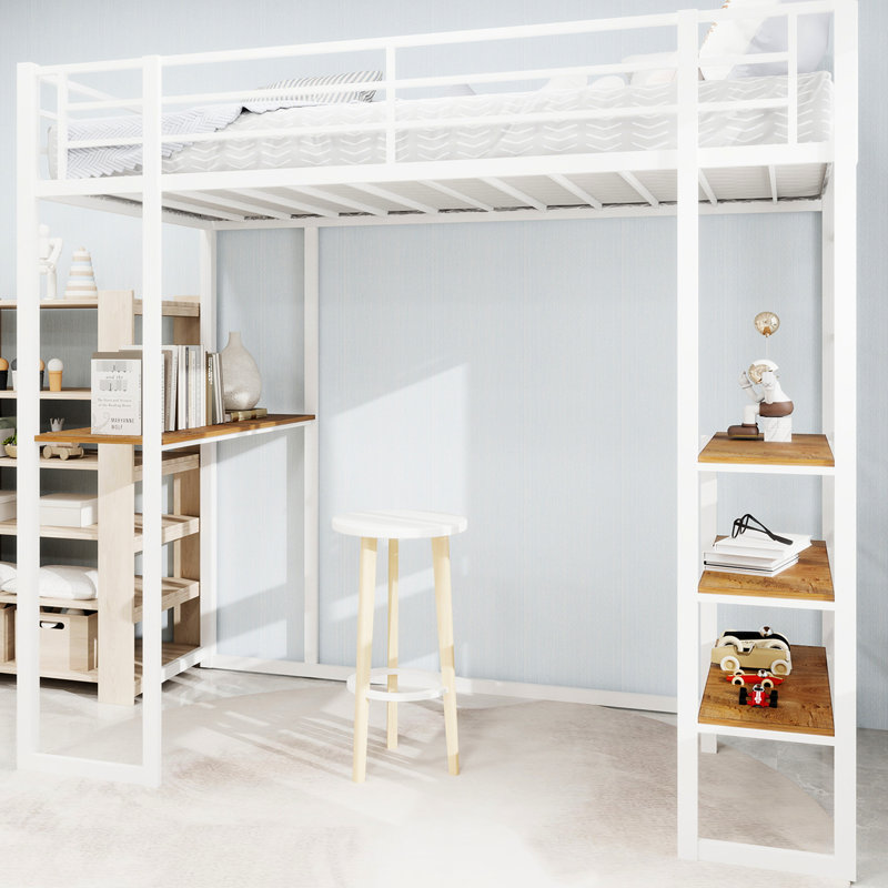 White Iron Frame Twin Bed With Built - In Table And Railing, Stable Safe For Bedroom, Double Supported Legs, Space Saving Design Iron Frame Twin Bed, Table, Stable, Safe, Legs, Layout