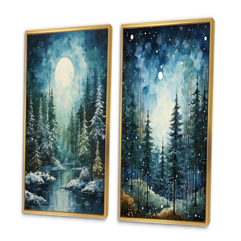 «Winter Snowy Evergreen», 2 pièces, H 40 po x l 40 po, Encadrement doré