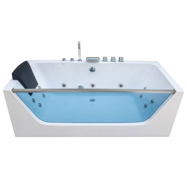 Mjkone Freestanding Whirlpool Bathtub,Spacious Triangle Shaped Back to Wall  Tub,Therapy Massage Soaking Tub with Double Pillows,Elegant White Acrylic  Jet Spa with Powerful Hydro Jets 