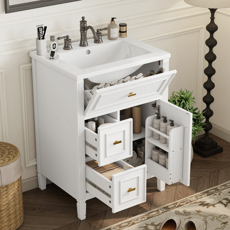 Meuble-lavabo avec lavabo, deux tiroirs et tablette réglable, Blanc