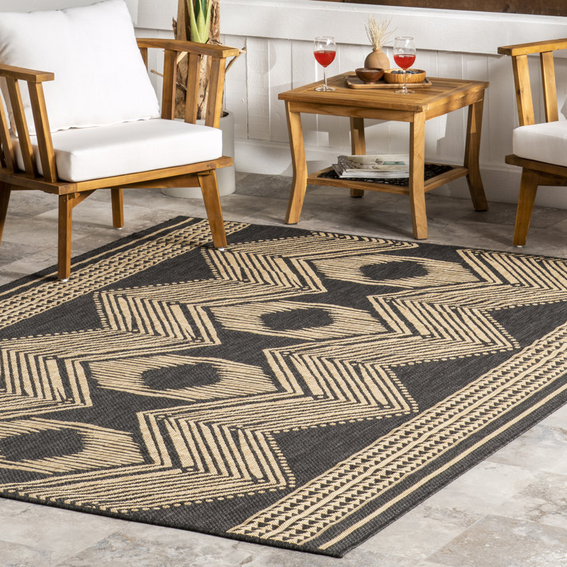 Tribal Indoor/Outdoor Area Rug, Rectangle 2' x 3', Dark Gray/Ivory
