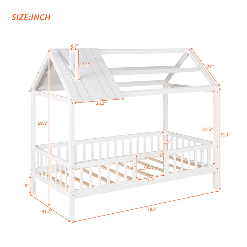 Twin Size Wood House Bed with Fence, White